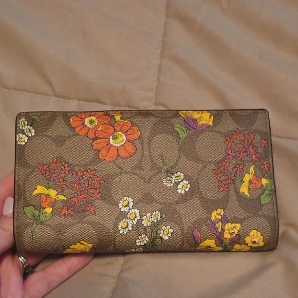 COACH Brown Signature Floral Continental Wallet with Orange & Yellow Blooms - Picture 5 of 14